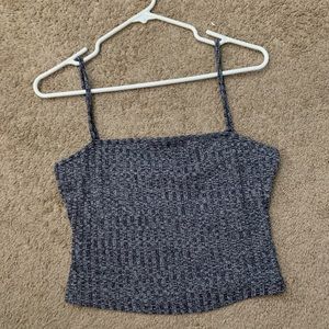 blue and white pattern tank top; no bra needed !